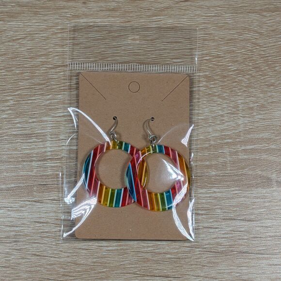 Retro Multicolor Striped Hoop Earrings – Round Acrylic Dangle Jewelry for Women - Picture 1 of 1